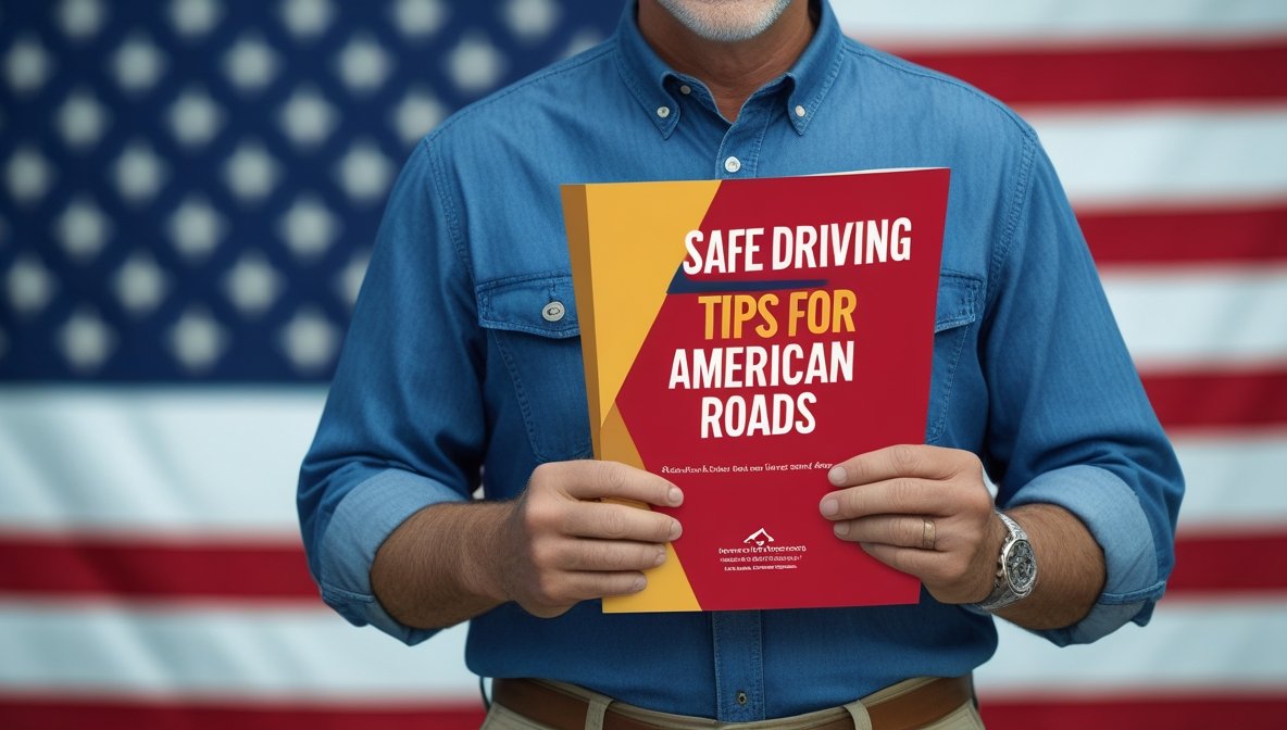 american guy holding guide about safe driving tips for american roads